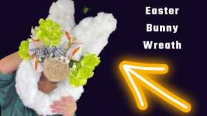 Guess the fun dollar store hack she used to make this fun Easter bunny wreath.